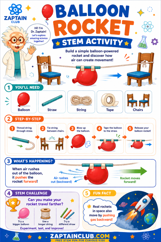 Printable balloon rocket science activity for kids with step-by-step instructions