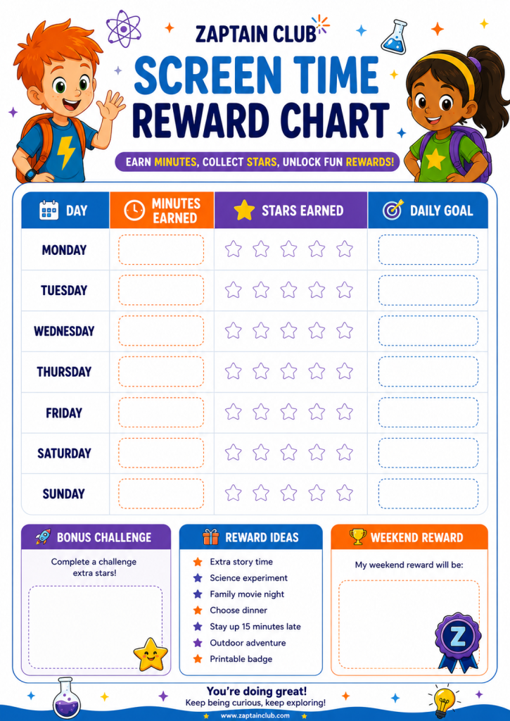 Printable screen time reward chart for kids by Zaptain Club
